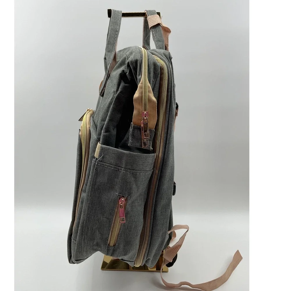 Gray Diaper Bag Backpack with USB Port Gold Hardware Stroller Straps Heathered